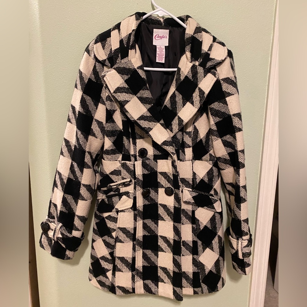 Candie's Black and Cream Checkered Pea Coat
